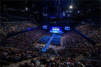 A wide shot of Van Andel Arena during Grand Valley's Commencement.