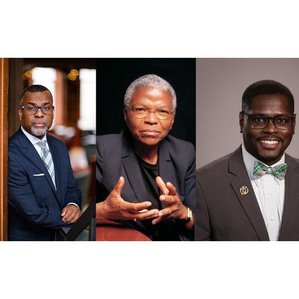 composite headshots of, from left, Jerry Wallace, Mary Frances Berry and Eddie Glaude Jr.
